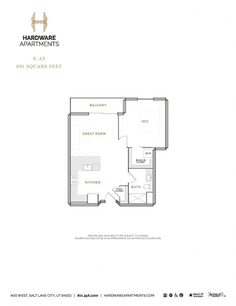 Floor plan for 1 bed, 1 bath, 754 sqft